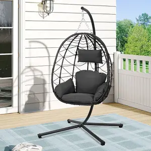 Black Foldable Single Egg Chair Hanging Basket with Metal Bracket and Seat Cushion