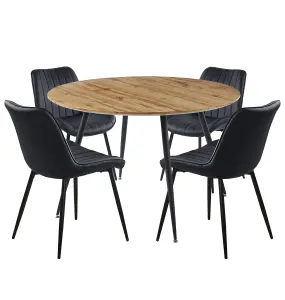 Hallowood Furniture Cullompton Large Round Dining Table with Light Oak Effect Top (120cm) with 4 Black Leather Chairs