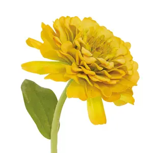 Bloom Artificial Single Green Yellow Zinnia Stem - Faux Fake Silk Flower Indoor Home Decoration Floral Arrangements - L30cm