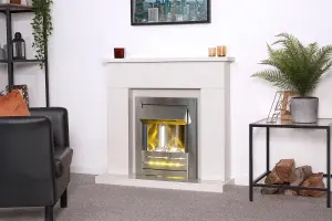 Adam Lomond White Marble Fireplace with Helios Electric Fire in Brushed Steel, 39 Inch