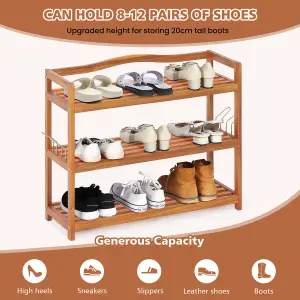 Costway 3-Tier Wood Shoe Rack Solid Shoe Storage Shelf Organizing Unit w/ Side Hooks