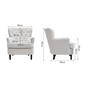 Off White Velvet Upholstered Occasional Armchair Studded Design Accent Chair with Ottoman Footstool