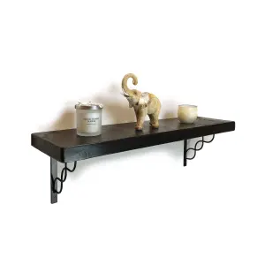 Solid Wood Handmade Rustical Shelf Black Ash 225mm 9 inch with Black Metal Bracket WPRP Length of 20cm