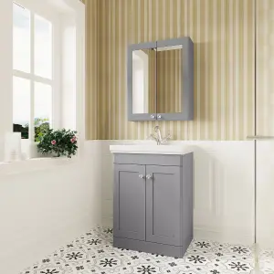 Traditional Floor Standing 2 Door Vanity Unit with 1 Tap Hole Fireclay Basin, 600mm - Satin Grey