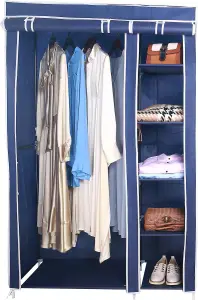 Fabric Canvas Wardrobe Organizer Clothes Rail Shelves Storage Closet Double Tall - Blue