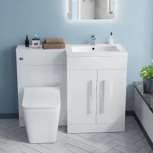 Nes Home RH 1100 mm L-Shape White Basin Vanity Unit WC BTW Rimless Toilet