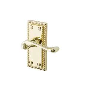 Louga Polished Brass effect Zamak Scroll Latch Door handle with Hinges (L)92mm (D)58mm