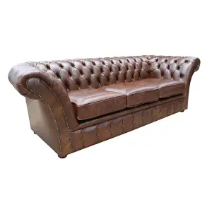 Chesterfield 3 Seater New England Texas Brown Leather Sofa Settee In Balmoral Style