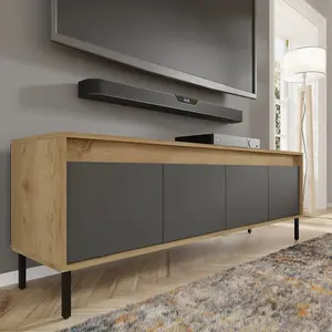 Sleek Oak Golden & Basalt TV Cabinet with Push-To-Open Doors W166cm H56cm D40cm for Modern Entertainment Spaces