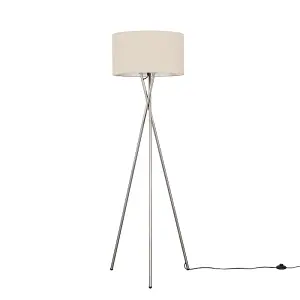 ValueLights Camden Modern Brushed Chrome Metal Tripod Floor Lamp with Beige Cylinder Shade - Includes 6w LED Bulb 3000K Warm White