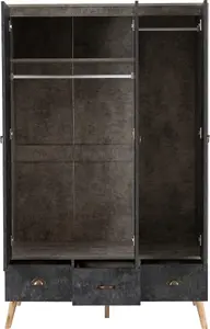 Nordic 3 Door 3 Drawer Wardrobe Concrete Effect Charcoal