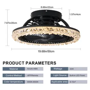 50cm Dimmable Crystal Caged Flush Mount Ceiling Fan with LED Lights and Remote Control