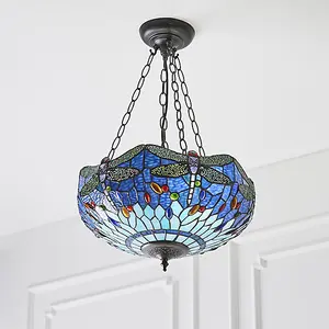 Luminosa Dragonfly Tiffany 3 Light Medium Inverted Ceiling Pendant Bronze, Blue