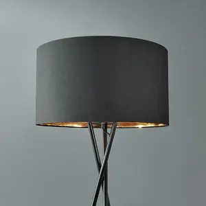 Modern Gloss Black Metal Tripod Floor Lamp with a Black/Gold Cylinder Drum Shade