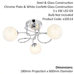 Polished Chrome Semi Flush Ceiling Light & Confetti Glass Shades Multi Arm Lamp