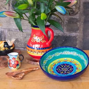 Classic Spanish Hand Painted Pattern Kitchen Dining Decor Large Bowl (Diam) 30cm Red/Yellow Flower