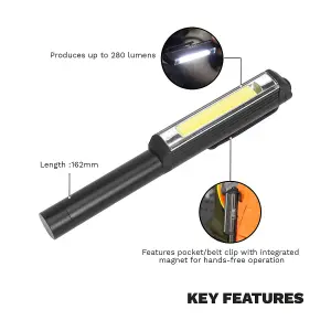 Sealey Aluminium Pen Light Lamp 3W COB LED 280lm 162mm Long Hands Free LED125