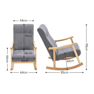 Dark Grey Velvet Upholstered Rocking Chair Rubberwood Rocker Glider Chair