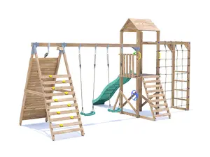 Dunster House Wooden Climbing Frame with Two Swings, Tall Climbing Wall, Monkey Bars, Cargo Net & Slide BalconyFort Low Platform