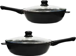 Stonewell 2PC 24cm & 28cm Deep Non-Stick Frying Pans with Durable Stone Coating and Glass Lids