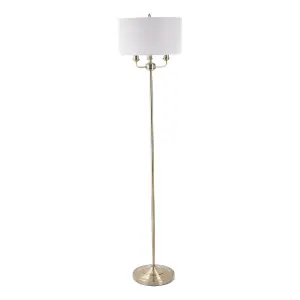 First Choice Lighting 3 Light Antique Brass Floor Standard Light with Grey Fabric Shade