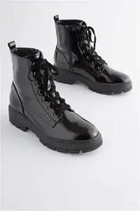 Womens Next Black Textured Patent Extra Wide Fit Forever Comfort Lace-Up Boots - Black Textured Patent