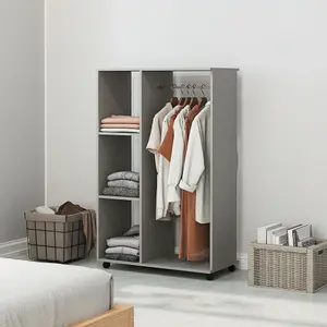 HOMCOM Rolling Open Wardrobe Hanging Rail Storage Shelves for Clothes, Grey