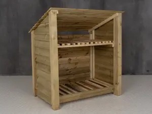 Wooden log store (roof sloping back) with kindling shelf W-119cm, H-126cm, D-88cm - natural (light green) finish