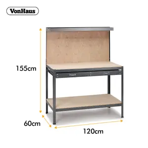 VonHaus Garage Work Bench with Pegboard - Suitable for Most Garage Equipment - Storage Drawer, Shelf and 20 Hooks - 230kg Capacity