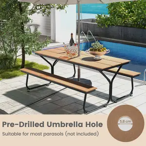 Costway Outdoor Dining Table & 2 Benches Picnic Table Bench Set w/ Umbrella Hole