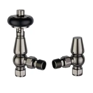 Pair of Dark Nickel Wooden Head Angled Thermostatic Radiator Valves