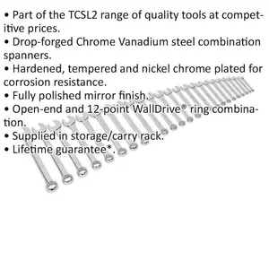 25-Piece Slim Handled Combination Spanner Set with 12-Point Metric Ring and Open End Heads