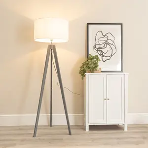 ValueLights Jackson Grey Wood Tripod Floor Lamp with White Fabric Lamp Shade and LED Bulb