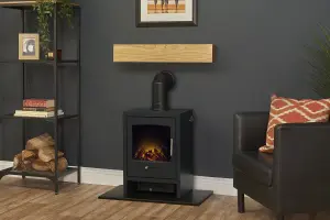 Adam Oak Beam, Hearth & Stove Pipe with Bergen Stove in Charcoal Grey