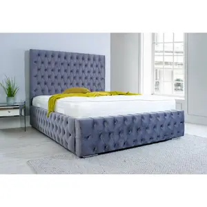 Orella Plush Bed Frame With Chesterfield Headboard - Steel