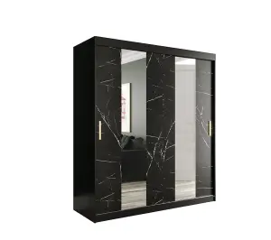 Stylish Black Geneva Sliding Door Wardrobe W1800mm H2000mm D620mm - Mirrored Doors, Gold Handles, Ample Storage