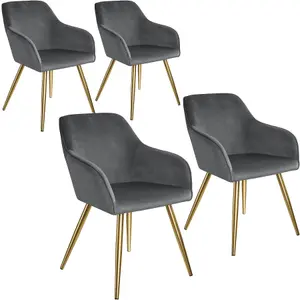 Chair Marilyn - with armrests, padded, velvet look, golden steel legs - dark gray/gold