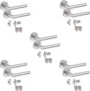 5 Pair of Mitred Design Door Handle On Round Rose Latch Door Handles 2.5" Latch,Ball Bearing Hinges Satin Nickel Finish