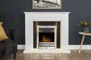 Adam Eltham Fireplace in Pure White & Black with Downlights & Eclipse Electric Fire in Chrome, 45 Inch