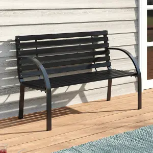 2 Seater Black Retro Slatted Iron Wood Rustproof Garden Bench