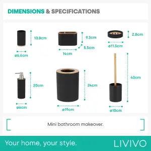 LIVIVO 6pc Bathroom Set w/ Bamboo Trim - Toothbrush & Toilet Brush Holder, Lotion Dispenser, Soap Dish & Trash Bin - Black