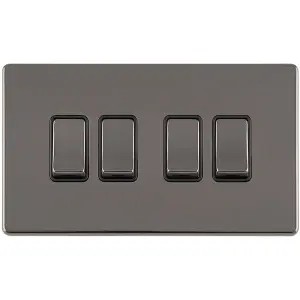 4 Gang Quad Light Switch SCREWLESS BLACK NICKEL 2 Way 10A Metal Rocker Slim