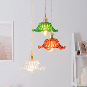 ValueLights Cassia Gold Hanging Triple Ceiling Pendant Light with Multi Coloured Frill Flower Glass Lampshades - Bulbs Included