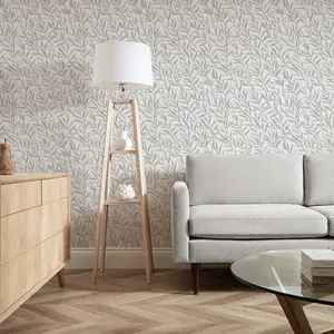 Willow Leaf Wallpaper In Grey on White