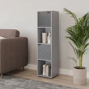 URBNLIVING 119cm Height Grey Wooden Cube Bookcase with Line Door Display Shelf Storage Shelving Cupboard