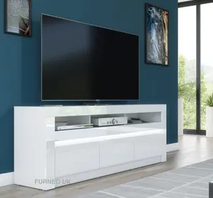 Furneo White TV Stand 157cm Unit Cabinet Matt & High Gloss Carino01 White LED Lights