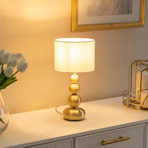 ValueLights Marissa Gold Stacked Ball Bedside Light Table Lamp with Drum Shade - LED Bulb Included