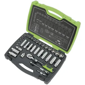 34pc PREMIUM Deep Socket & Ratchet Handle Set - 3/8" Square Drive 6 Point Metric