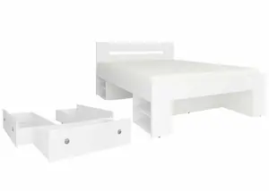 White Double Bed Frame Storage Drawers Euro Headboard Solid Slats Shelves Nepo