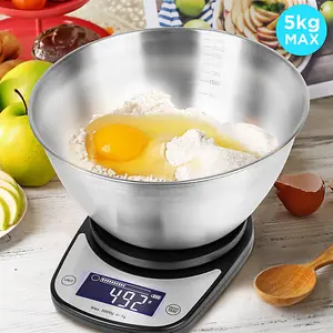 Duronic KS5000 BK/SS Digital Kitchen Scale with Bowl, 5kg, LCD Backlit Display, Tare Function, 1g Precision - Black